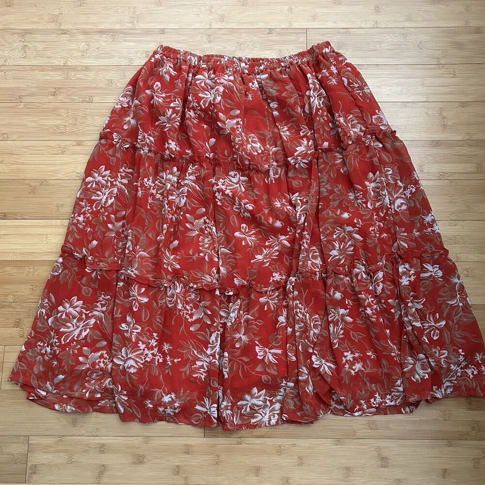 Adini Red Floral Maxi Skirt Plus 1X Vtg Elastic Waist Romantic Boho Bloomcore
